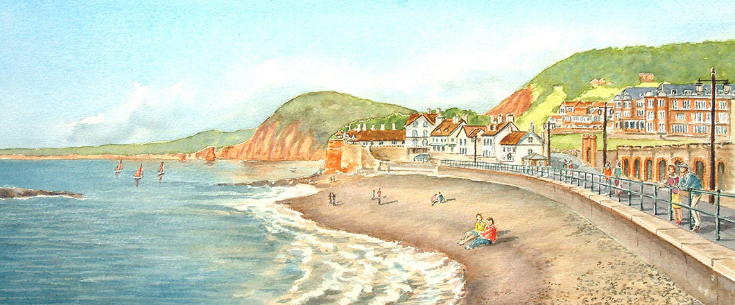 Clifton beach & hotels Sidmouth signed mounted print